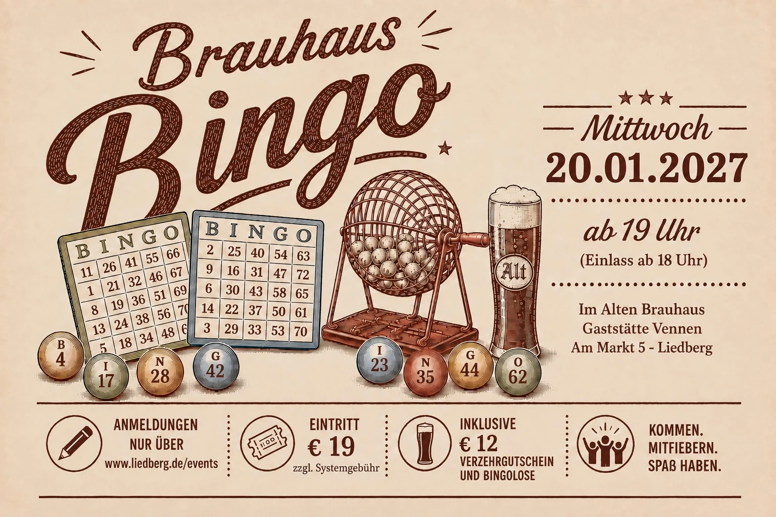 Offizielles Plakat zum Brauhaus Bingo am 20. Januar 2027