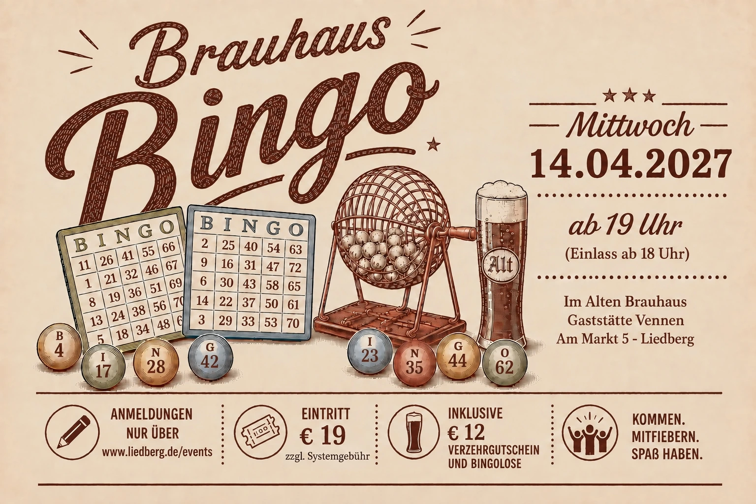Offizielles Plakat zum Brauhaus Bingo am 14. April 2027