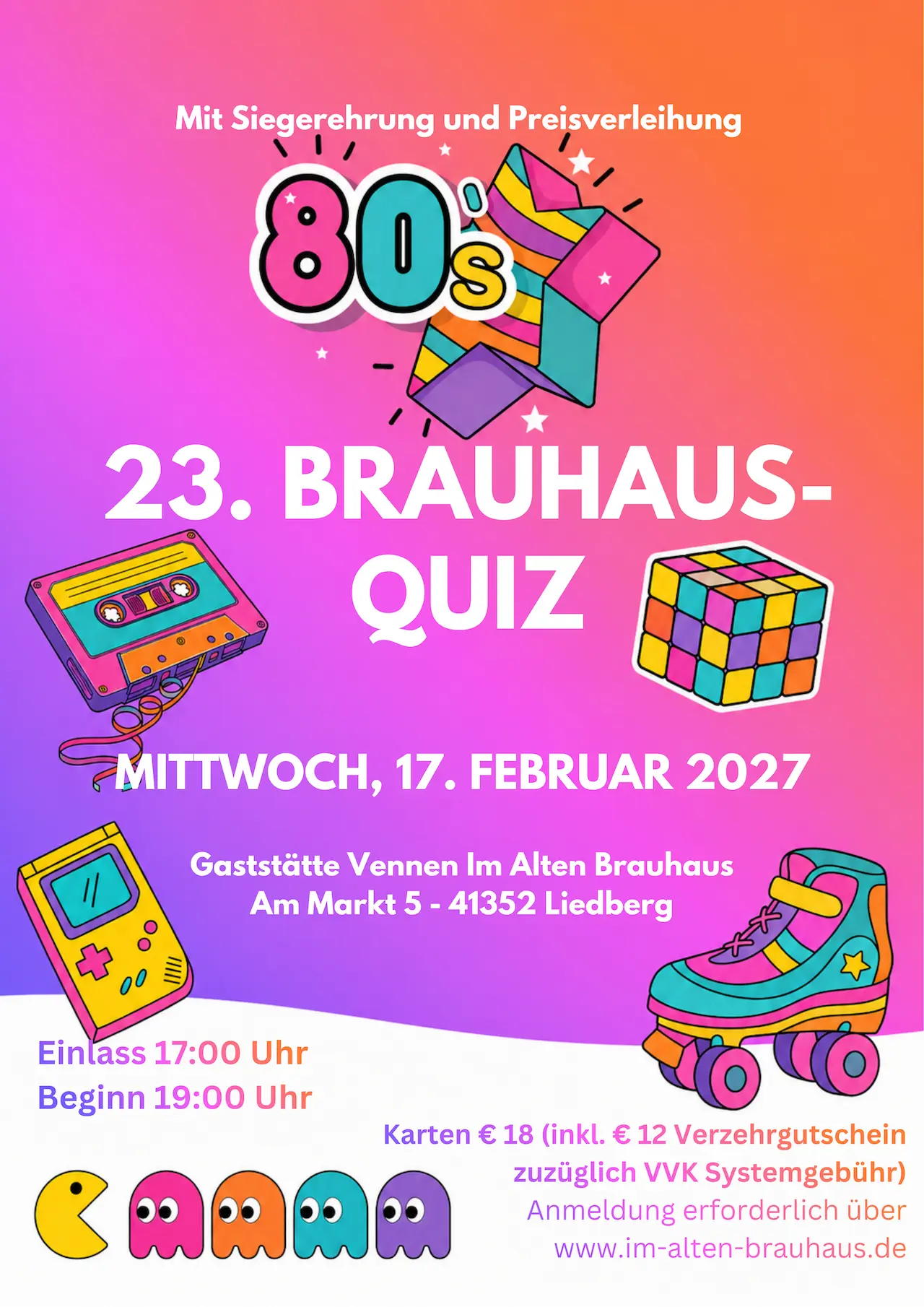 Plakat zum 23. Brauhausquiz am 17. Februar 2027 im Stil der 1980er-Jahre
