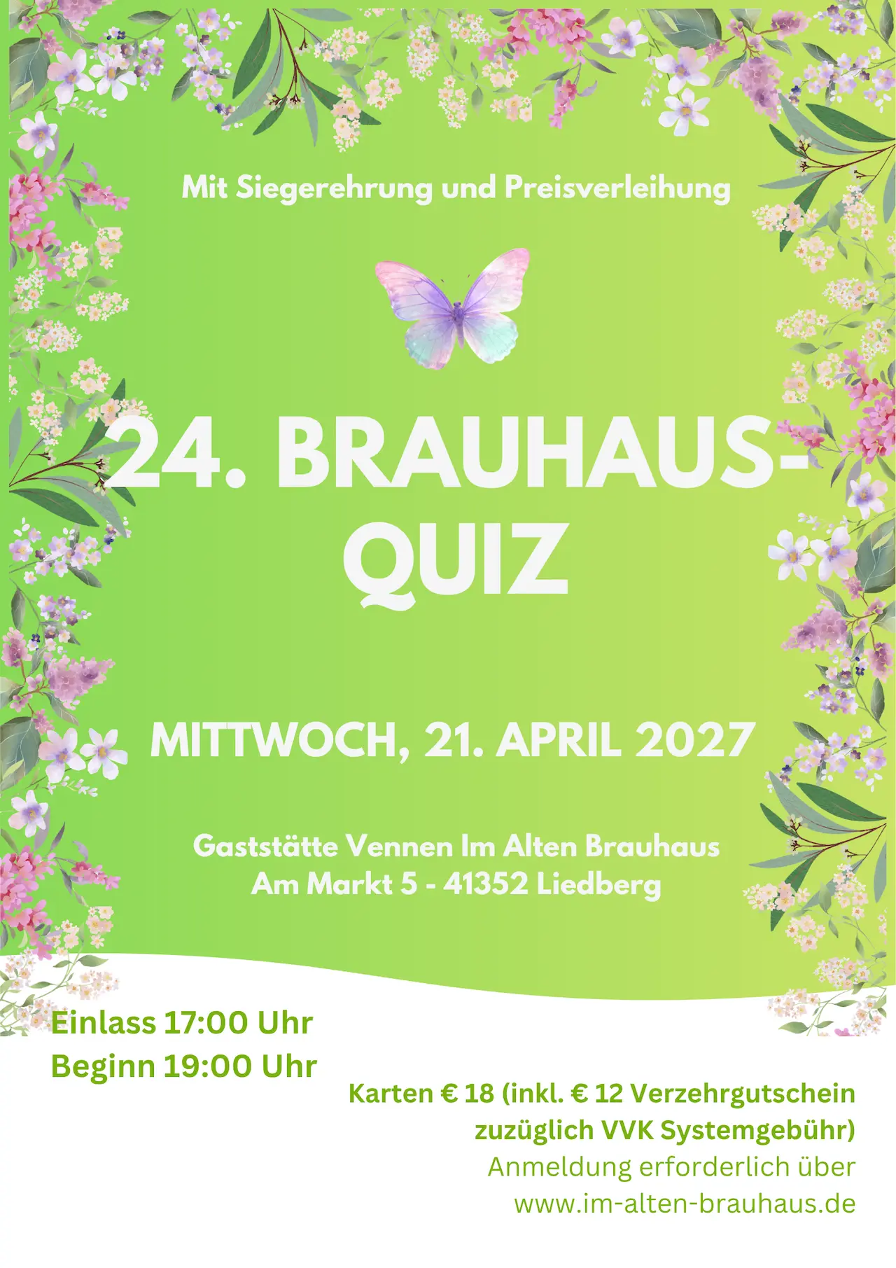 Grünes Frühlingsplakat zum 24. Brauhausquiz am 21. April 2027