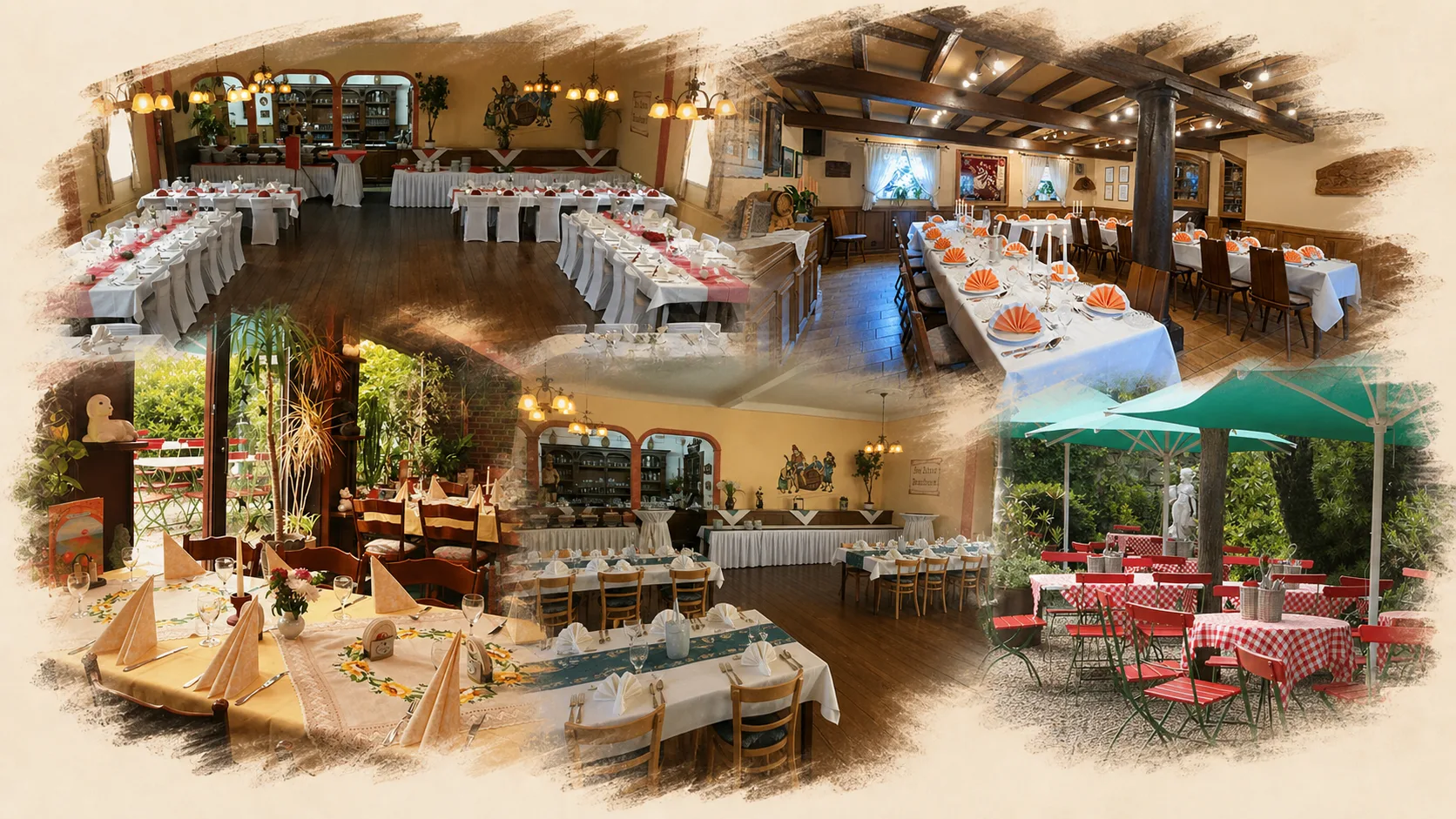 Collage aus Originalfotos der festlich eingedeckten Räume und des Biergartens