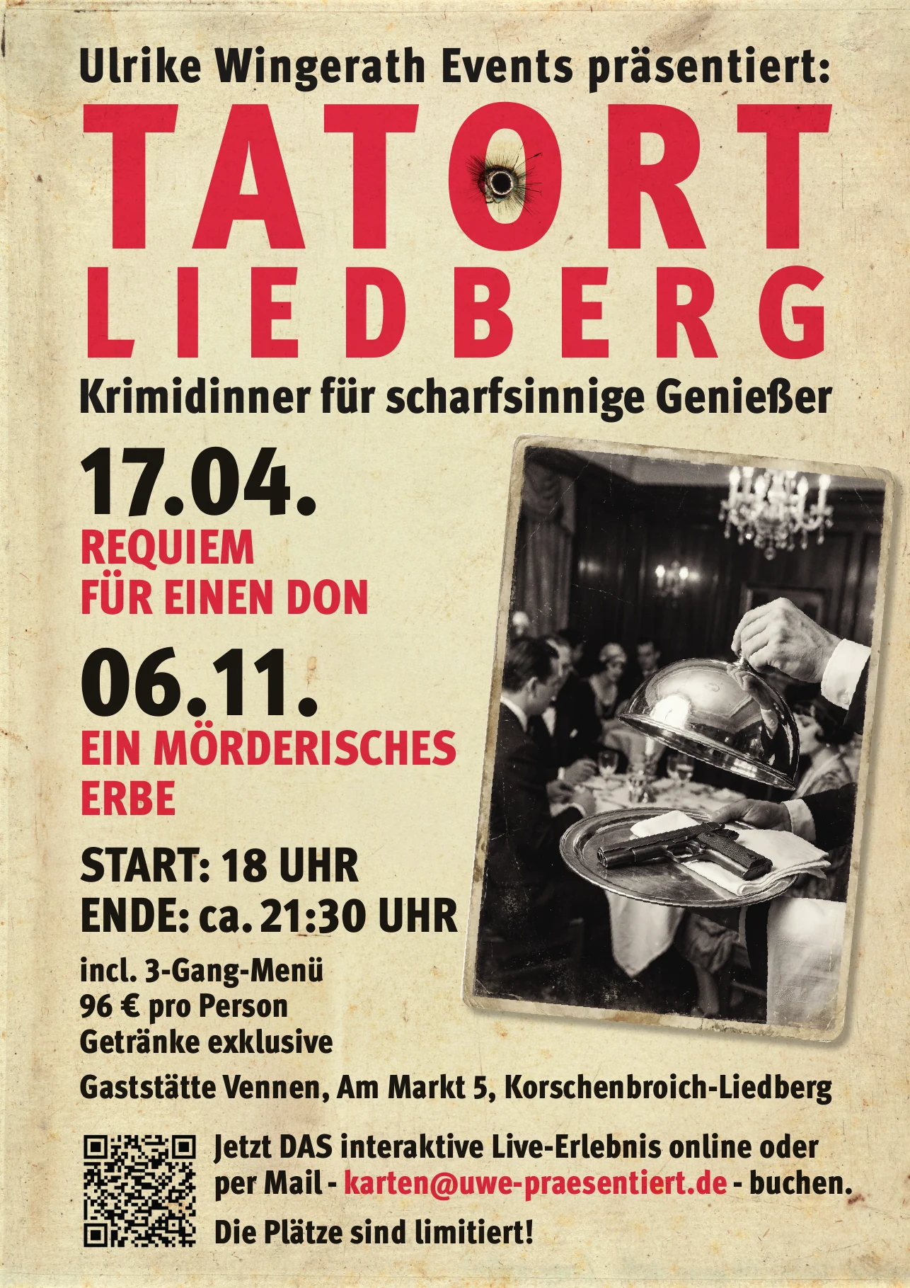 Plakat Tatort Liedberg: Requiem für einen Don und Ein mörderisches Erbe, 96 Euro inklusive Drei-Gänge-Menü