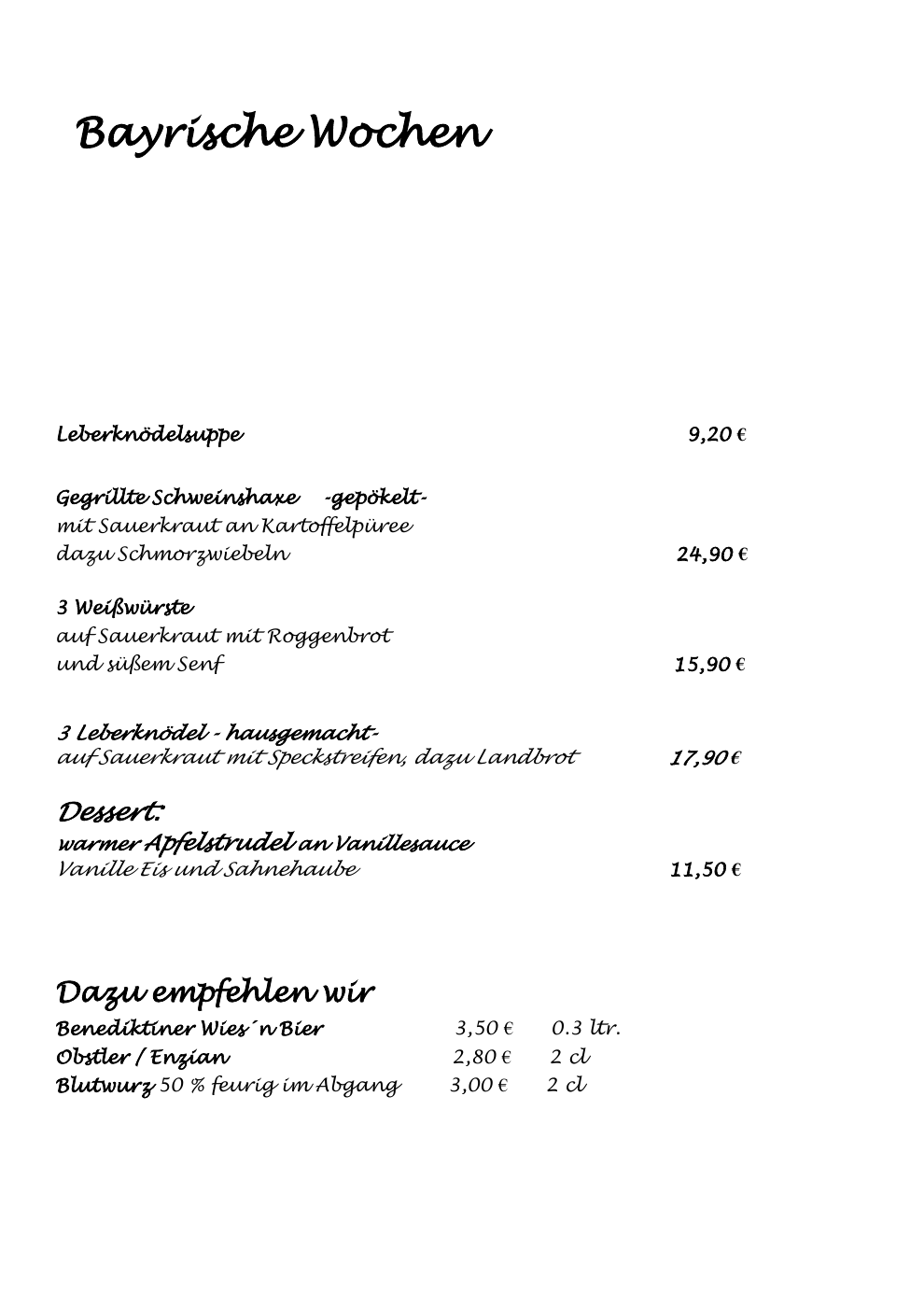 Originalkarte Bayerische Wochen 2026: Leberknödelsuppe, Schweinshaxe, Weißwürste, hausgemachte Leberknödel, Apfelstrudel und Getränke mit Preisen