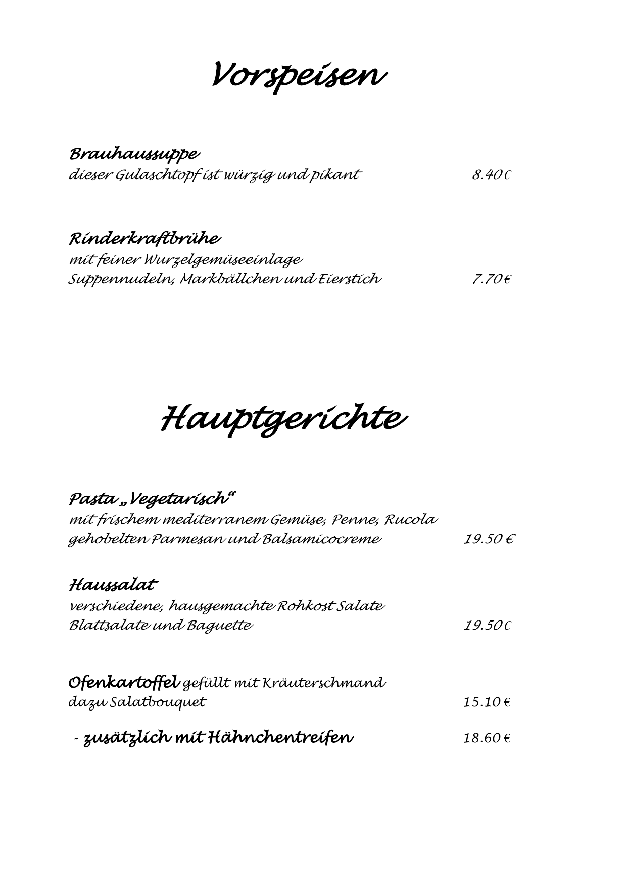 Original-Speisekarte Seite 1 mit Vorspeisen, vegetarischen Gerichten, Salat und Ofenkartoffeln samt Preisen