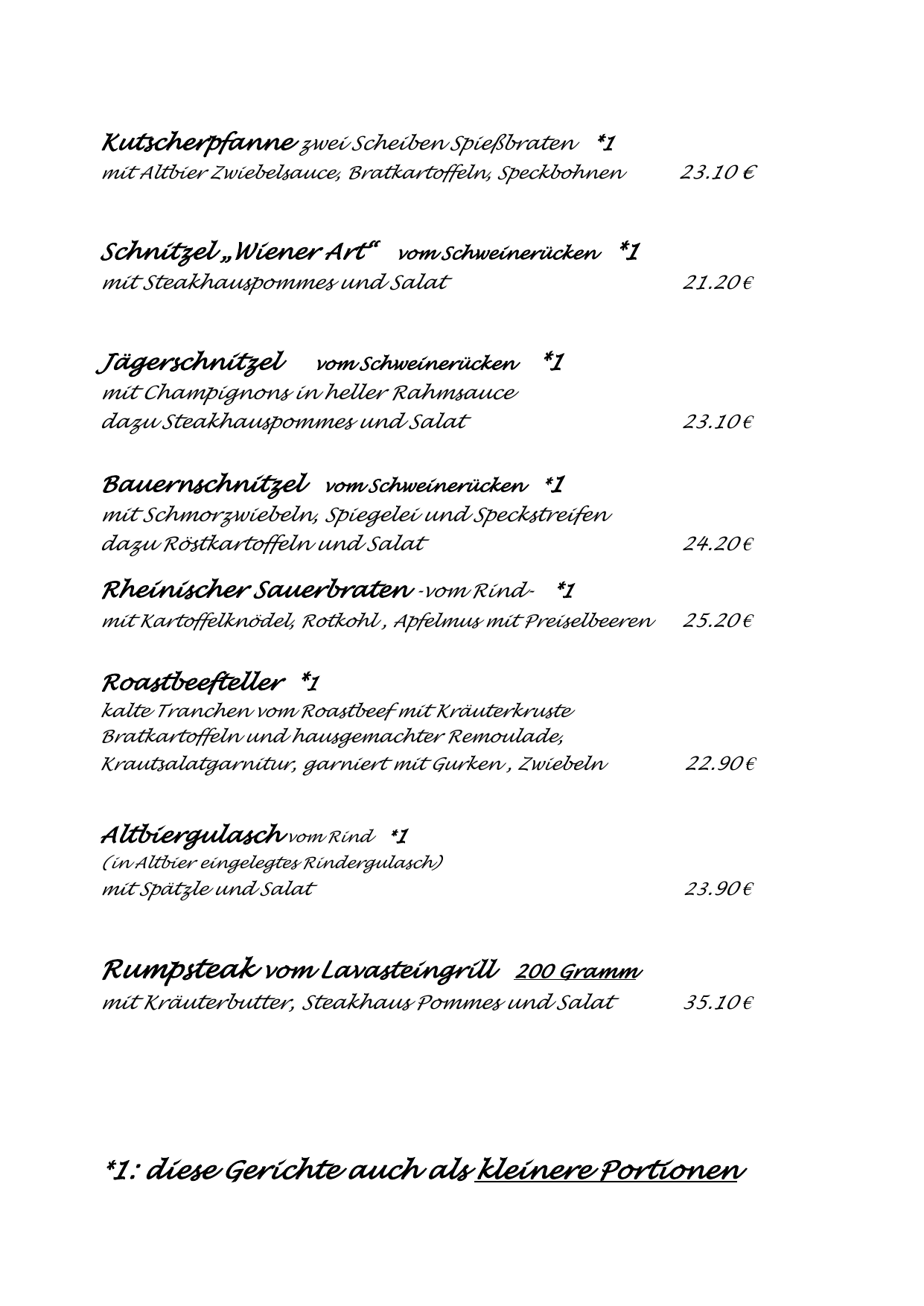 Original-Speisekarte Seite 2 mit Brauhausklassikern, Schnitzeln, Sauerbraten, Gulasch und Rumpsteak samt Preisen