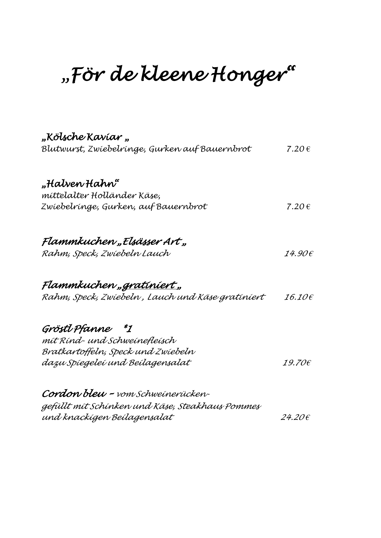 Original-Speisekarte Seite 3 mit kleinen Gerichten, Flammkuchen, Gröstl-Pfanne und Cordon bleu samt Preisen