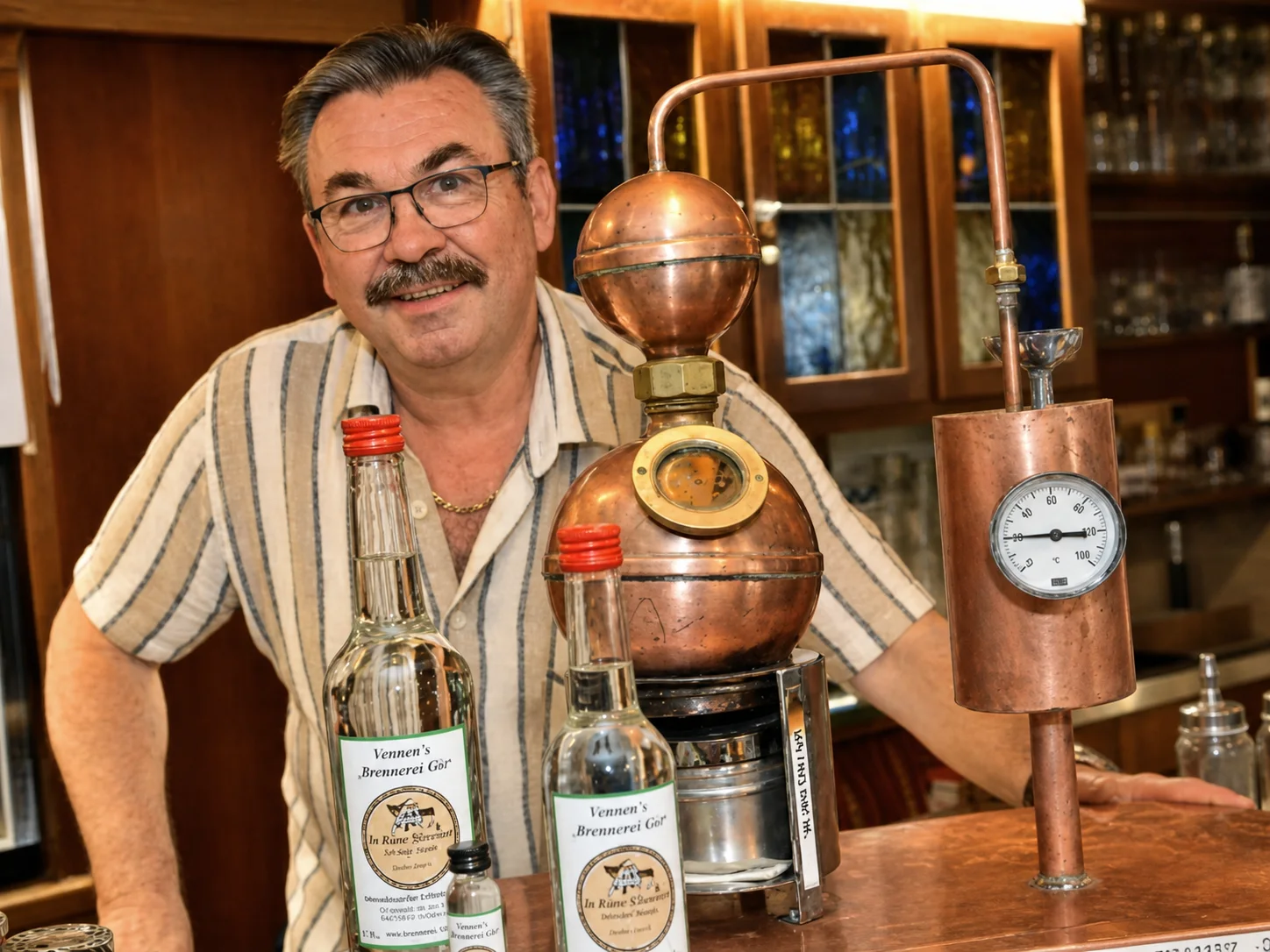 Vennen’s Schnaps-Tasting mit Brennmeister, Kupferbrennanlage und Spirituosenflaschen