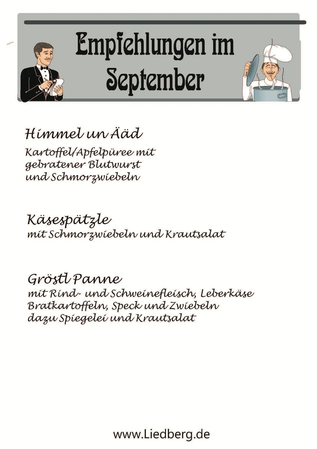 Septemberkarte 2024 ohne Preise mit Gröstl, Himmel und Äd und Käsespätzle